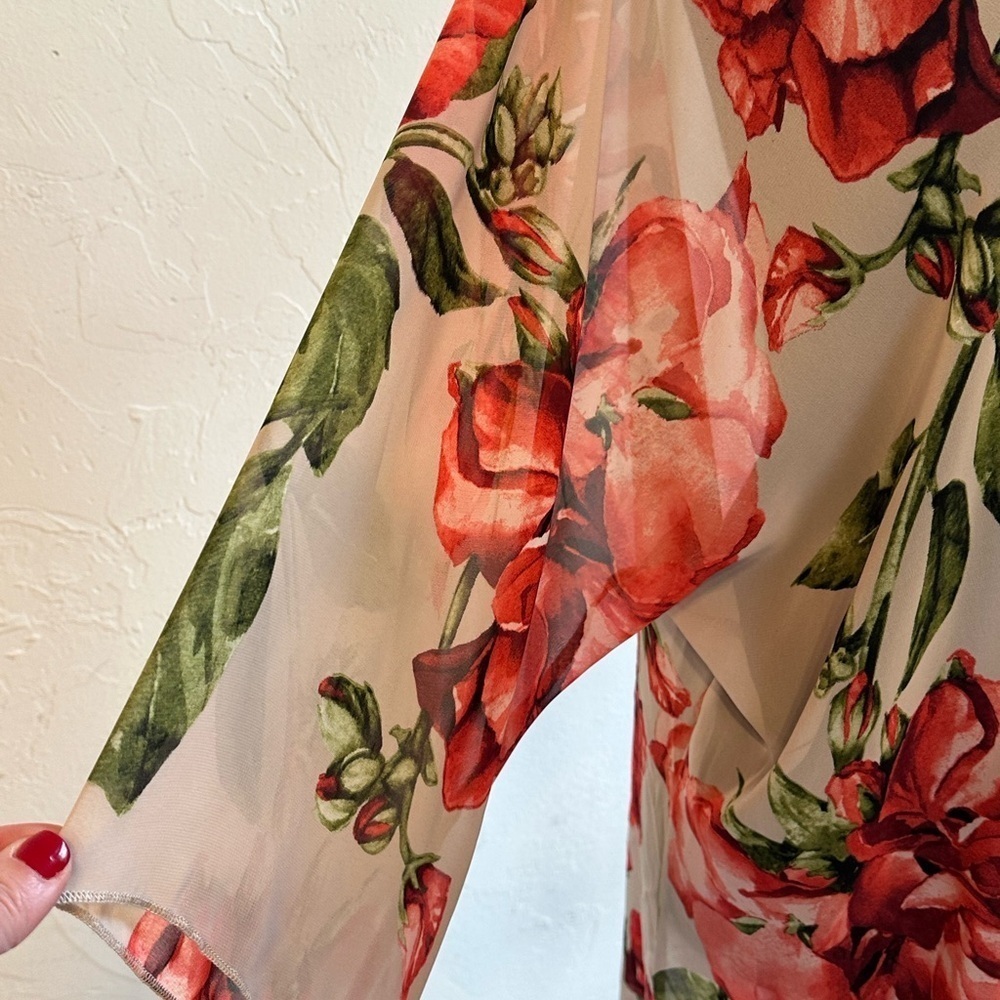 Tan with Red Roses Floral Sheer Bell Sleeves Kimono Swimsuit Cover-Up - Picture 3 of 10